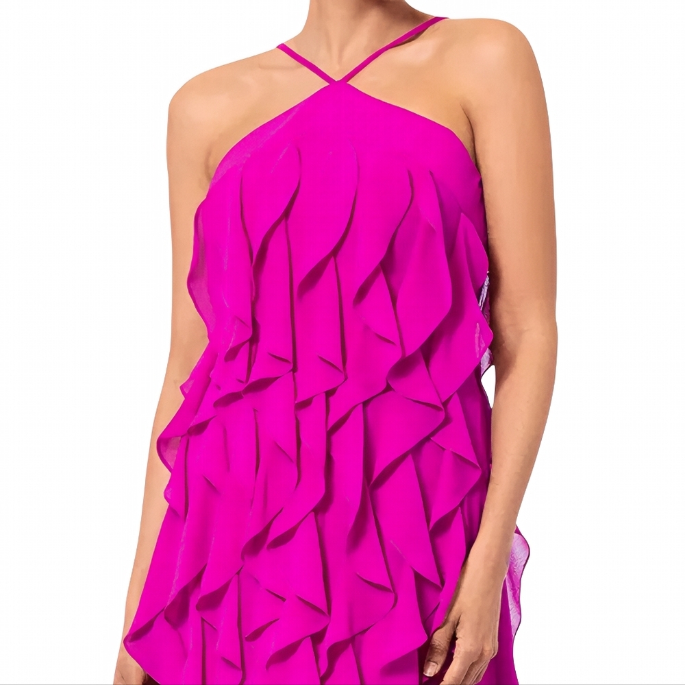 Aqua Fuscia Corkscrew Ruffle Halter Mini Dress, Size 8